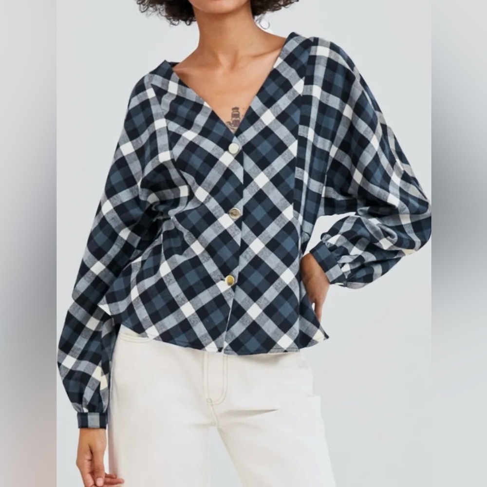 Zara Plaid Check Button Down Dolman Top
